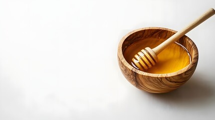 Fototapeta premium Golden honey in wooden bowl with dipper on white surface