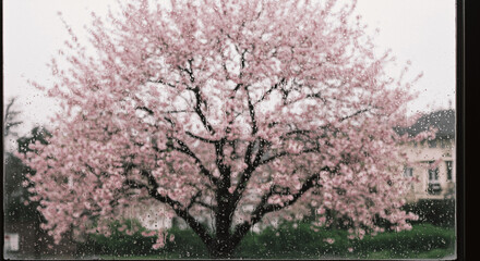 Spring depression, Cherry blossom tree in rainy weather expressing melancholy and sadness against a blurred background.