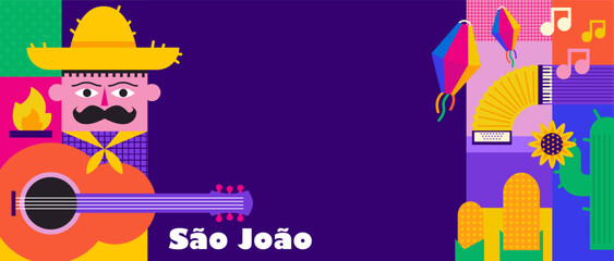 Festa junina poster with geometric pattern. Summer brazilian carnival banner with icons of music, lanterns, flowers, hats and flags. Geometric banner of june festival in Brazil, vector illustration