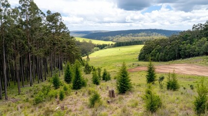 Obraz premium Aerial view of a pine plantation set within a broad natural landscape.