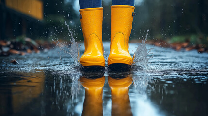 Yellow rain boots splashing in a puddle on a wet street.