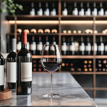 Copa de vino tinto sobre una mesa de m&aacute;rmol junto a una botella con etiqueta en blanco en una vinoteca con estanter&iacute;as llenas de botellas de vino.