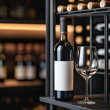  Botella de vino con etiqueta en blanco y copa de vino blanco sobre un botellero de metal en una vinoteca con iluminaci&oacute;n c&aacute;lida y estanter&iacute;as llenas de botellas.