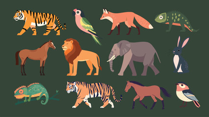 Colorful illustrated wild animals, isolated vector set