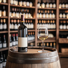  Botella de vino con etiqueta en blanco y copa de vino blanco sobre un barril de madera en una vinoteca con estanterías llenas de botellas en el fondo © BONI