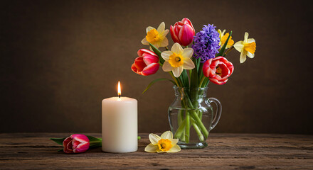 Spring depression, Floral arrangement with candles evokes warmth and comfort during the spring season.