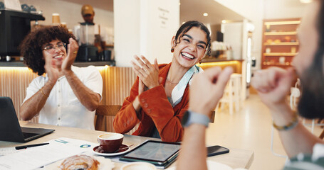 Smile, business and people applause at cafe for funding success, good news or financial management. Staff, clapping or budget document of project celebration, finance growth or investment opportunity