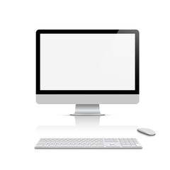 Realistic modern monitor front view with keyboard and mouse