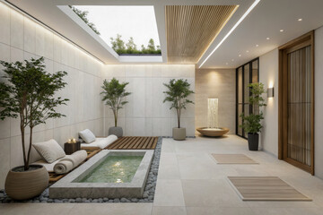 Zen backyard space in modern hotel spa and wellness center