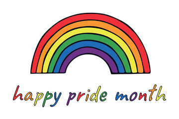 Colorful rainbow shape Gay pride flag Happy pride day LGBTQ community Pride Month Vector hand drawn doodle for posters, stickers, logo, cards
