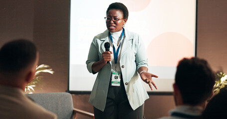 Business woman, education and training for speaker in seminar room for wellness presentation....