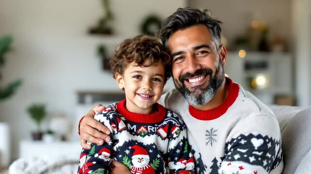 Happy Father and Son in Matching Christmas Sweaters