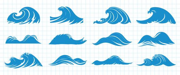 Fototapeta premium Stylized ocean wave silhouettes, isolated element set vector