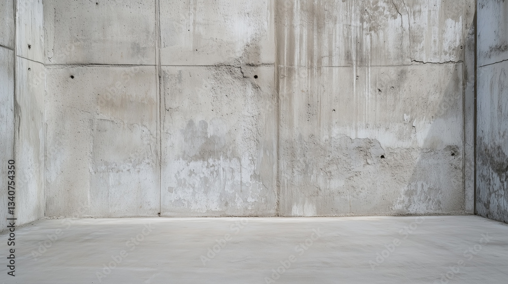 Poster textured concrete grey wall with visible stains and marks creates industrial and raw atmosphere in studio setting. floor is smooth, complementing rugged wall