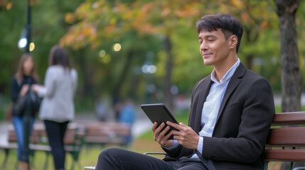 Fototapeta premium businessman in suit sits on park bench, using tablet with content expression. background features blurred people and green trees, suggesting peaceful outdoor setting