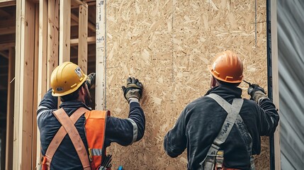 Two construction workers installing sheathing on a new home.