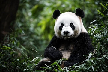 Fototapeta premium panda sits peacefully among lush green bamboo, its black and white fur contrasting beautifully with vibrant foliage. serene expression adds sense of calm to natural setting