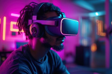 Developer debugging code in VR, sleek at-home setup, edgy neon accent lighting, intense focus