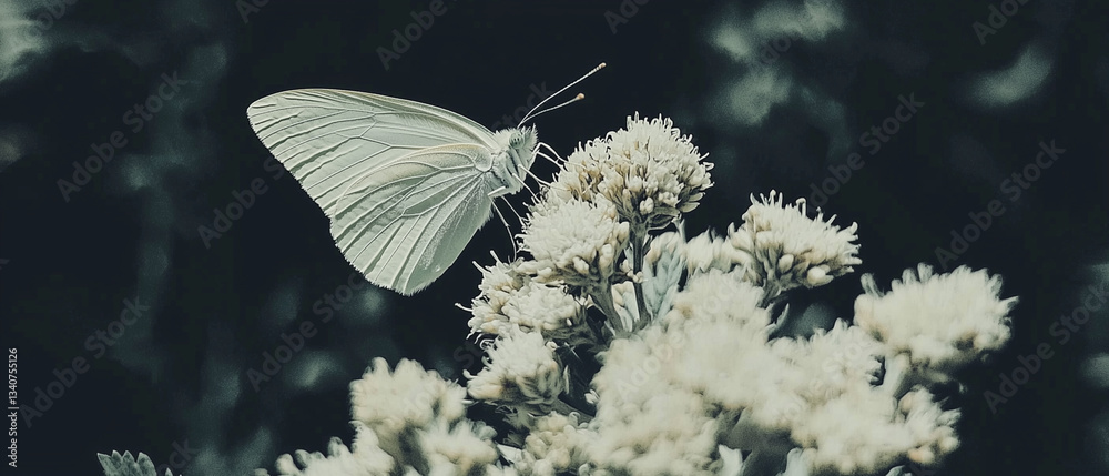 Poster delicate butterfly rests on cluster of flowers, showcasing intricate patterns on its wings. scene ca