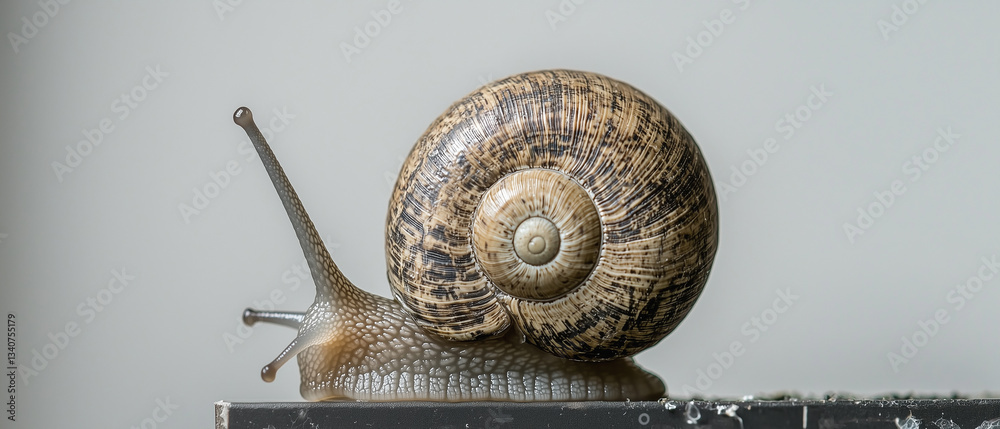 Poster close up of snail with detailed shell texture, showcasing its spiral pattern and natural colors. snail is on flat surface, highlighting its slow movement and unique form