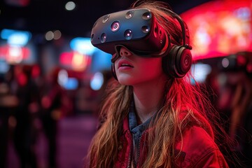 Young woman exploring virtual reality in a neon-lit gaming setup
