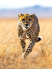 cheetah sprints through golden savannah, showcasing its sleek and powerful form. blurred background emphasizes its speed and agility, capturing essence of wild