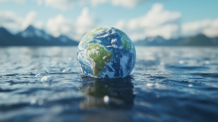 small Earth model floats on vast ocean, symbolizing environmental concerns and climate change. serene water and distant mountains create striking contrast