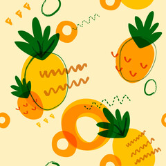 Abstract pineapples, yellow drawn in the style of children's drawing. Stylish and simple pineapples.