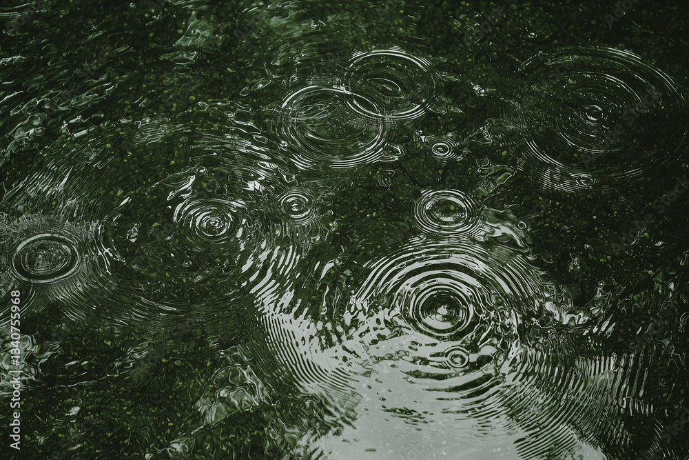 Poster ripples form on dark green water surface as raindrops create circular patterns, evoking sense of tra