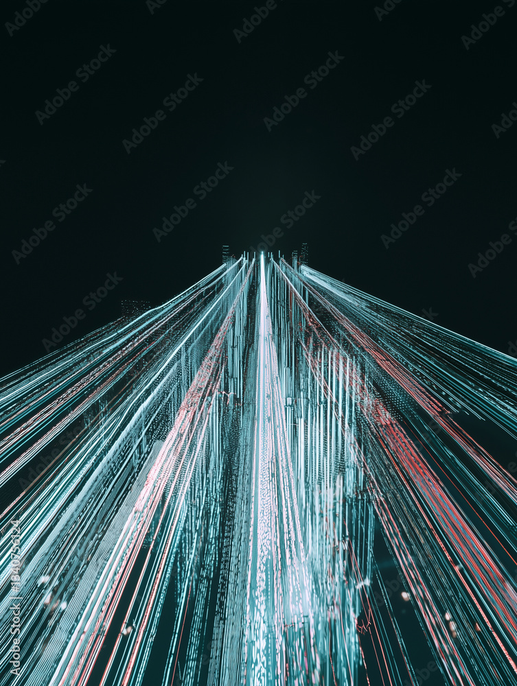 Fototapete Futuristic energy flow visualization with dynamic light trails in digital grid, creating sense of speed and innovation. image conveys high tech, modern atmosphere