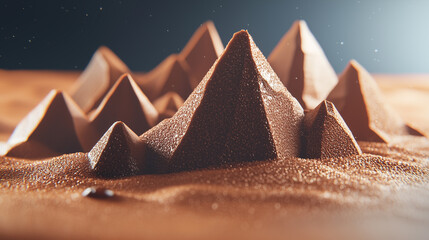 wide camera angle captures fantasy dessert landscape with chocolate mountains and sugar dusting, creating whimsical and imaginative scene