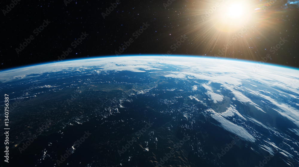 Poster breathtaking view of earth from space, showcasing planet curvature under bright sun. vast expanse of