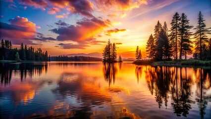 Fototapeta premium Serene Sunset Lake: Bokeh Pine Trees, Calm Water Reflection, Looping Video Animation
