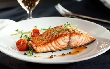 Seared Salmon Fillet with Roasted Cherry Tomatoes and Pea Shoots on a White Plate