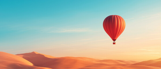 Fototapeta premium vibrant red hot air balloon floats gracefully over serene desert landscape, with soft sand dunes and clear blue sky creating peaceful and minimalistic scene