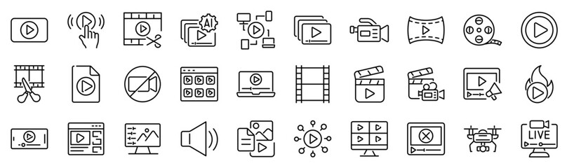 Set of 30 outline icons related to video. Linear icon collection. Editable stroke. Vector illustration
