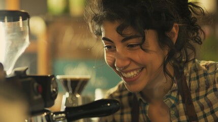 A close-up of a female barista smiling while making coffee.