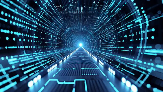 Futuristic Digital Data Tunnel with Glowing Blue High-Speed Information Streams in a Cyber Technology Network System

