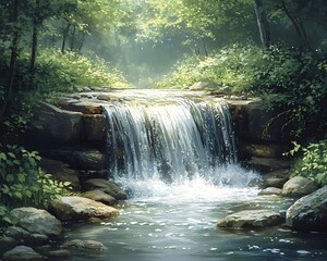 Tranquil Waterfall Cascading Over Stones Amidst Lush Foliage in a Natural Setting