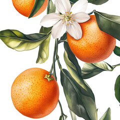 Oranges and blossoms, mandarines watercolor illustration fot greeting cards, wedding cards design, branding. Citrus.