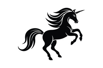 Silhouette vector art illustration of a rearing unicorn with a flowing mane and tail1.eps © T-shirt Land