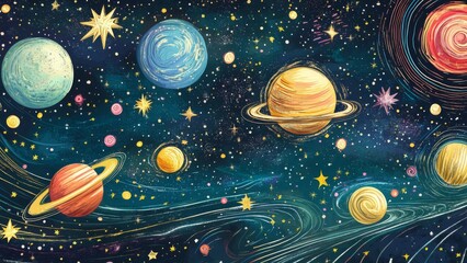 Vibrant Pixel Art Depiction Of Colorful Planets And Stars In A Dark Cosmic Space
