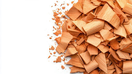 pile of wood shavings with natural texture on white background, showcasing their rough and organic appearance
