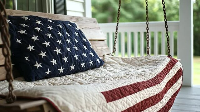 Independence Day Porch Swing Decor with Quilted Flag Colors