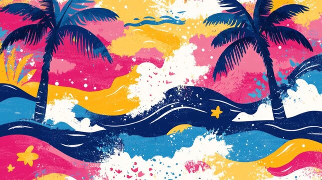 Abstract Tropical Sunset Painting with Palm Trees