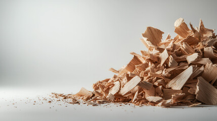 rustic pile of wood shavings on clean surface, showcasing their natural texture and earthy tones, perfect for crafting or woodworking projects