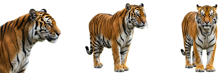 Fototapeta premium Three tigers posing in different positions on a white plain space transparent background