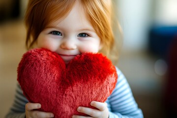 Valentine's day greeting and funny gift. Grin face cute toddler girl with big fluffy heart in hands. Happy kid's day. Heartfelt childâ€™s portrait. Red and white. Loving child. Red and pink.