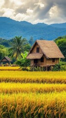 Fototapeta premium Thatch-roof house near a vibrant rice field, golden crops in harvest season, traditional rural Thai setting, farmers working in the distance