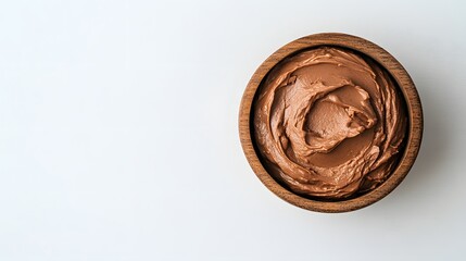 Creamy chocolate hazelnut spread swirls in a wooden bowl